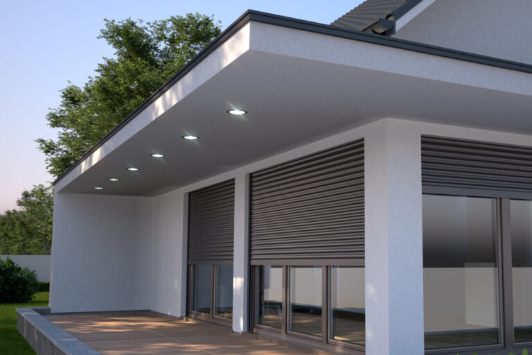 Window roller illustration - modern house with terrace, 3D illus